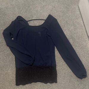 Maurices Navy Blue Blouse with Black Lace Hem